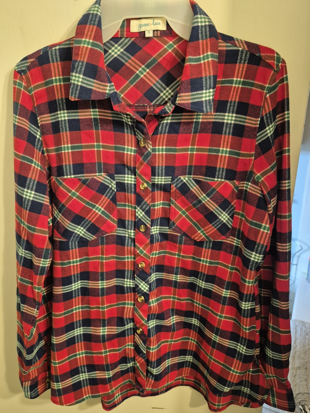 Grace & Lace Red and Navy Plaid Button-Down Shirt